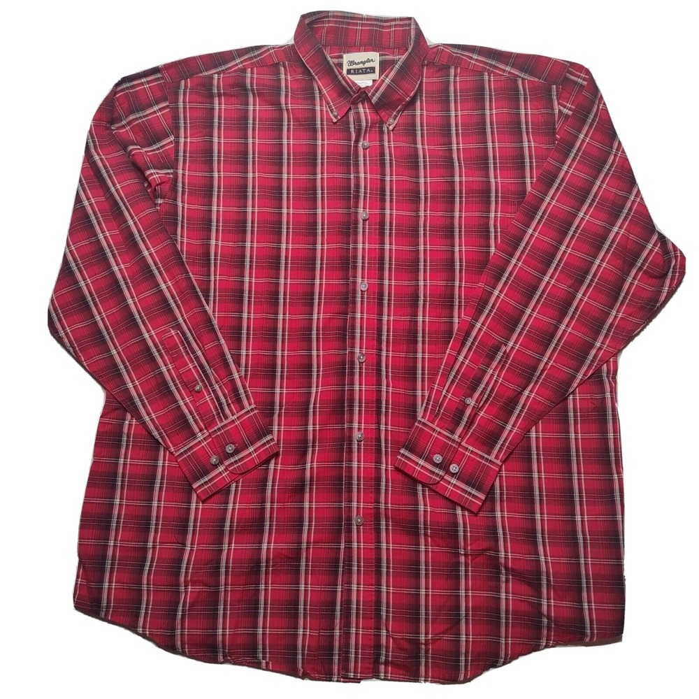 WRANGLER RIATA Western Men 2XL Red Plaid Long Sleeve Button-Down Shirt EUC